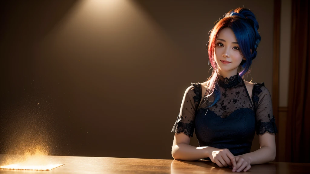 highly detailed, 8k, masterpiece, 1 girl, Blue and red hair with golden tips, with a rifle, dress, fold_on , affected smile, (perfect_face), Session, desk, florida, Intricate, dramatic lighting, 4k, detailed_bottom, Caustics, full_body, (Hyper realistic:1.3), bloom,(beautiful lighting:1.3), Caustics, dynamic lighting, beautiful lighting,