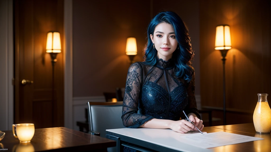 highly detailed, 8k, masterpiece, 1 girl, Blue and red hair with golden tips, with a rifle, dress, fold_on , affected smile, (perfect_face), Session, desk, florida, Intricate, dramatic lighting, 4k, detailed_bottom, Caustics, full_body, (Hyper realistic:1.3), bloom,(beautiful lighting:1.3), Caustics, dynamic lighting, beautiful lighting,  