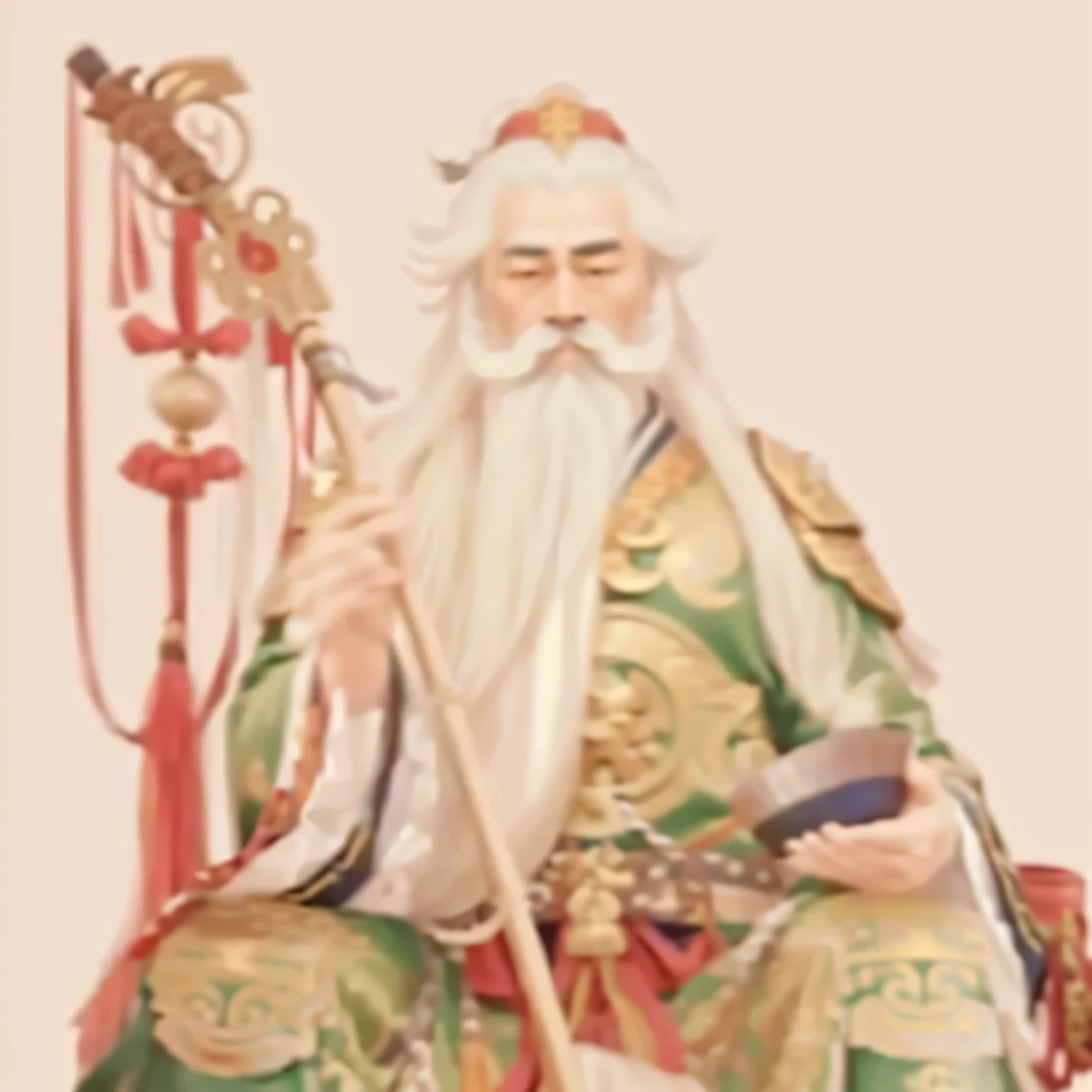 Close up of a statue of a man with a long beard, chi-gong, Taoist priest, God of Wealth, Taoism, guan yu, Master of Taoism, hua cheng, Emperor Xuande, The God-Emperor of Humanity, bian lian, Inspired by Hu Zaobin, Inspired by Wu Daozi, Kuang Hong, pan ren wei