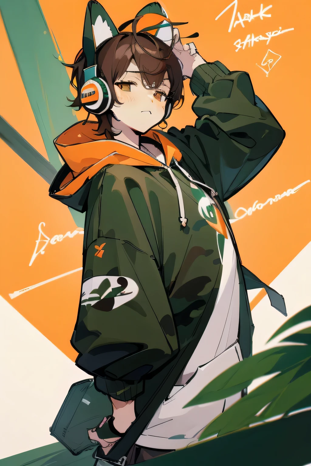 (Highest quality, 8k, 32K, masterpiece, Ultra-high resolution:1.2) A boy wearing cat ear headphones and a hoodie listening to music, Young Anime Guy, Momoko Sakura Style, As an anime character, Green and black camouflage hoodie, Brown Hair, (Orange eyes),