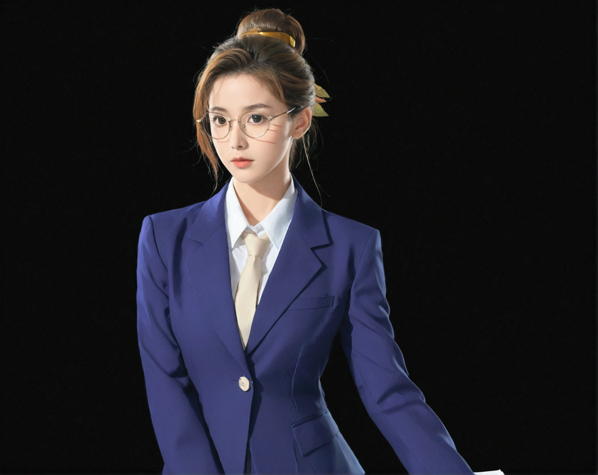 1girl, solo, skirt, simple background, brown hair, glasses, hair bun, formal, single hair bun, suit, black background, pencil skirt, office lady, skirt suit, newspaper