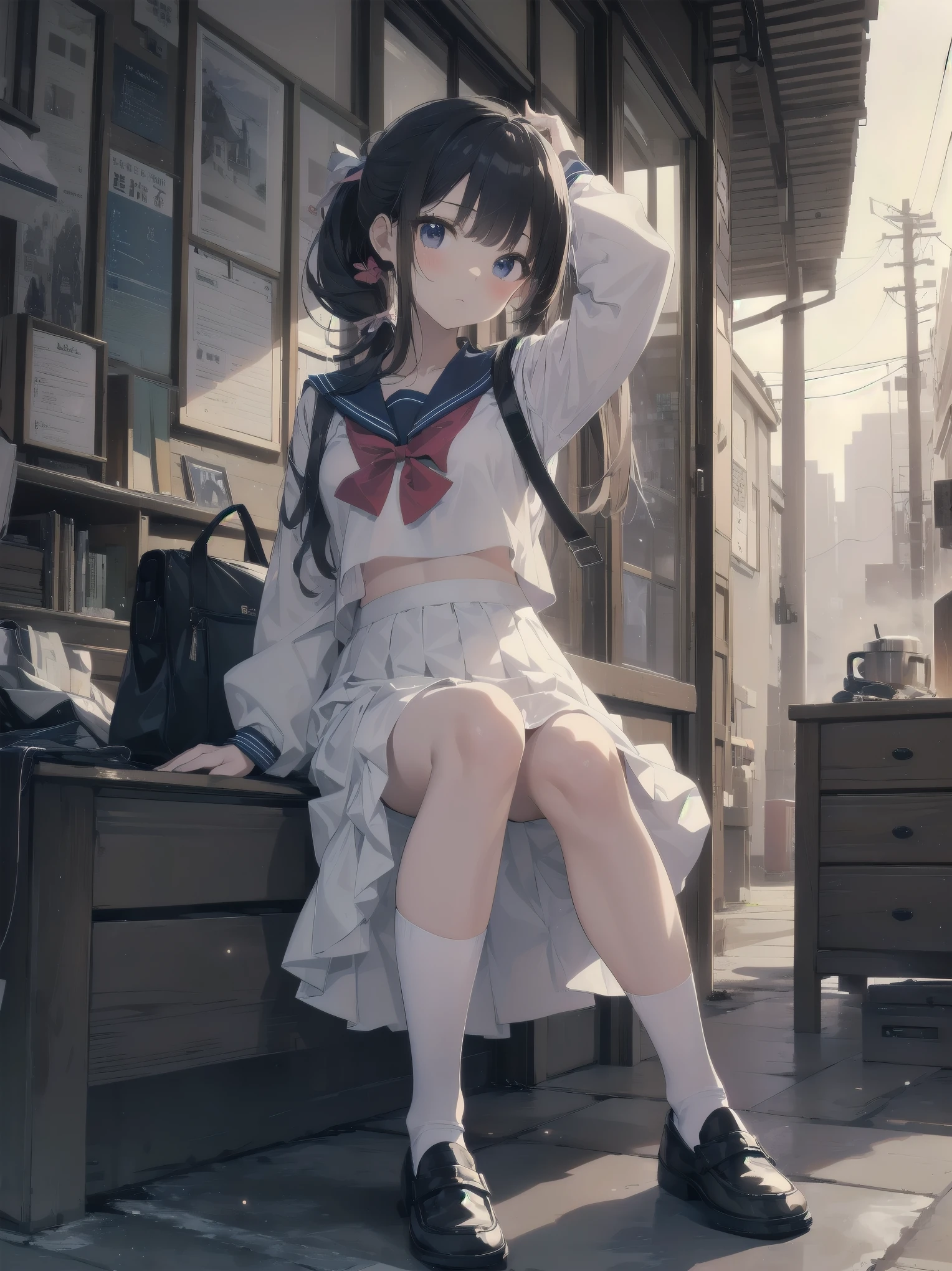 Masterpiece, illustration, super detailed, kawaii, one girl, 独奏, slender 14 year old, Japanese girl, chou chou, ribbon, nape of neck, low ponytail, cute pose in Less revealing attire, (Sailor uniform from Girls' Saint Academy, navy blue, white with 3 lines on collar), priss skirt, white socks, loafers,  , Long Sleeves, White innerwear for sailor suit, living room, cowgirl shot, sfw, dynamic angle、Close-up on the characters、(building, city、A dense fog of fluorescent particles、１８００Era、Japanese Style、Fiction、grow、Overwhelming、Detailed street）、A beautiful girl with a beautiful background and a super cute pose
