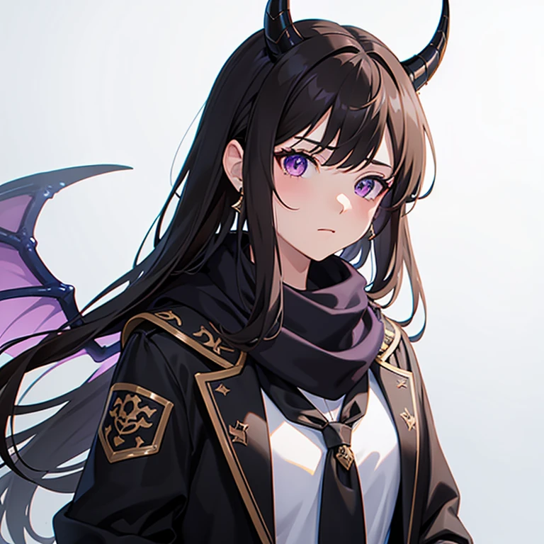 best quality, Masterpiece, highres, solo, girl with horns, Brown hair, black dragon_horns, ponytail, long_hair, bangs, upper_body, Purple eyes, has blue dragon wings, breasts, 1girl, wears jacket, looking_at_viewer, portrait, scarf, simple_background, black_scarf, closed_mouth, grey_background, white_background