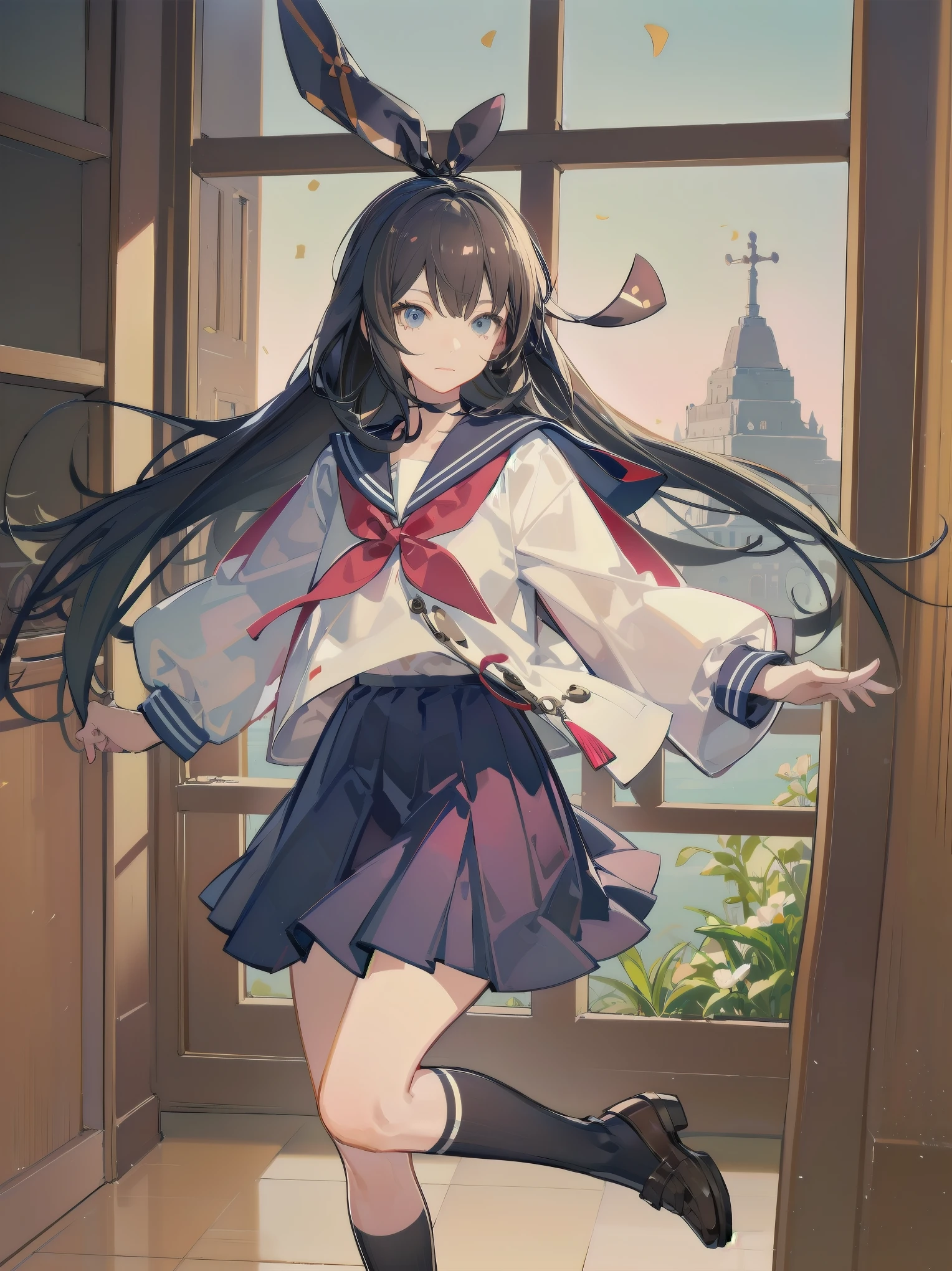 Masterpiece, illustration, super detailed, kawaii, one girl, 独奏, slender 14 year old, Japanese girl, chou chou, ribbon, nape of neck, low ponytail, cute pose in Less revealing attire, (Sailor uniform from Girls' Saint Academy, navy blue, white with 3 lines on collar), priss skirt, white socks, loafers,  , Long Sleeves, White innerwear for sailor suit, living room, cowgirl shot, sfw, dynamic angle、Close-up on the characters、(building, city、A dense fog of fluorescent particles、１８００Era、Japanese Style、Fiction、grow、Overwhelming、Detailed street）、A beautiful girl with a beautiful background and a super cute pose
