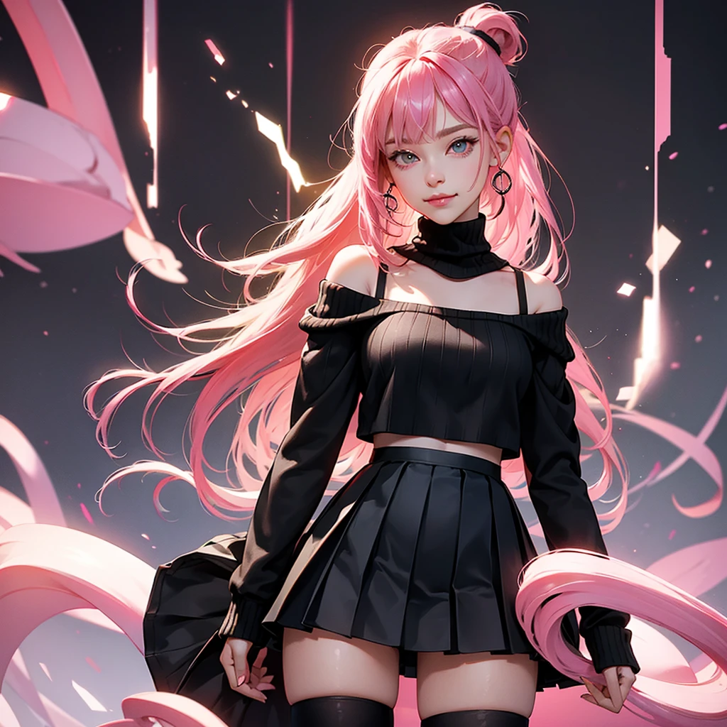 pink hair ponytail long side bangs, 、Face Real，(Wearing off shoulders black sweater pleated black skirt black thigh highs)、smirk、Standing casual、Look straight up and look at us