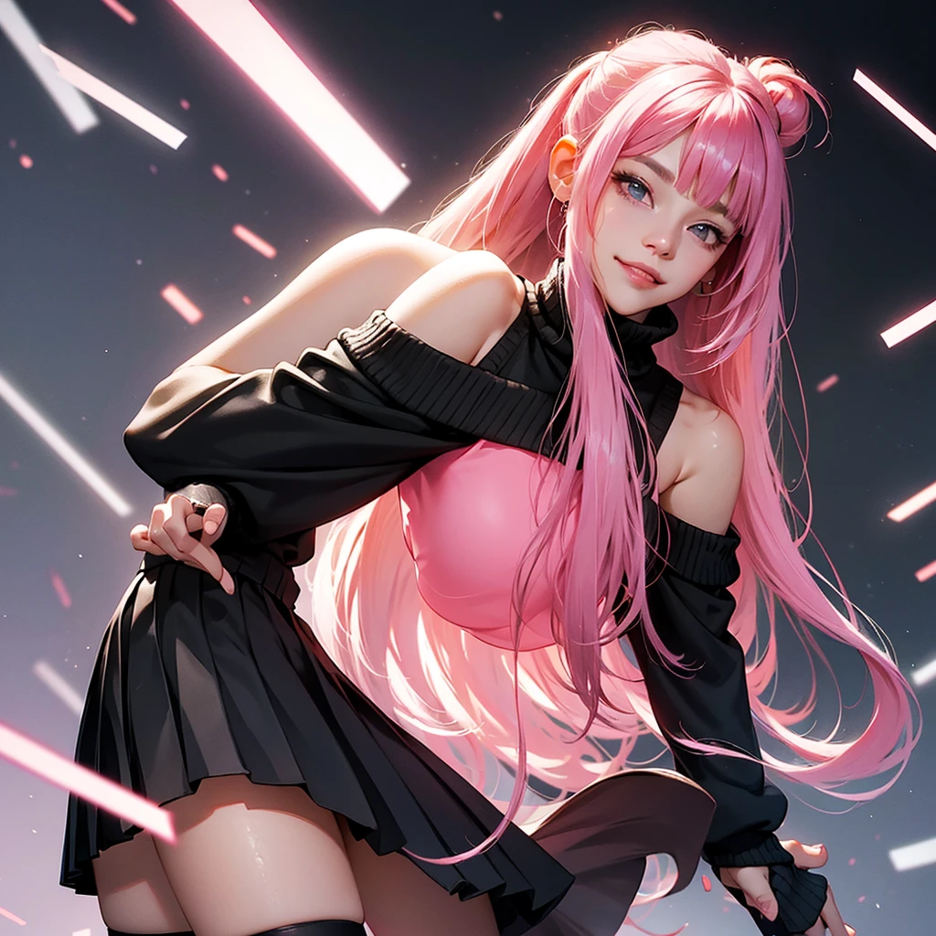 pink hair ponytail long side bangs, 、Face Real，(Wearing off shoulders black sweater pleated black skirt black thigh highs)、smirk、Standing casual、Look straight up and look at us