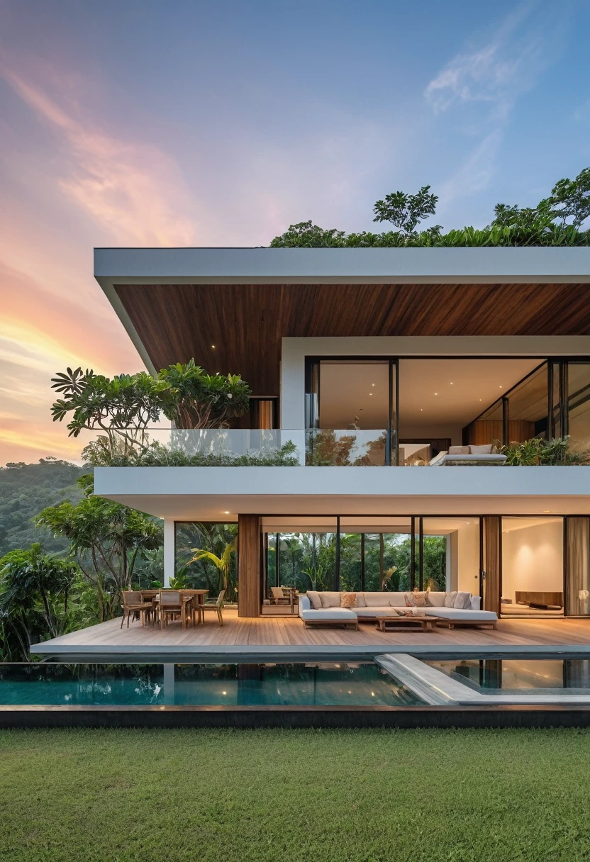 Modern minimalist villa cascading the hill, tropical trees surrounding, living room furniture, bedroom furniture, low angle view shot, stunning photo, (sunset:1.5), award-winning photo, masterpiece, highly detailed, wooden terrace, large window glass, 8k UHD (no pool:1.5), without pool, no pool