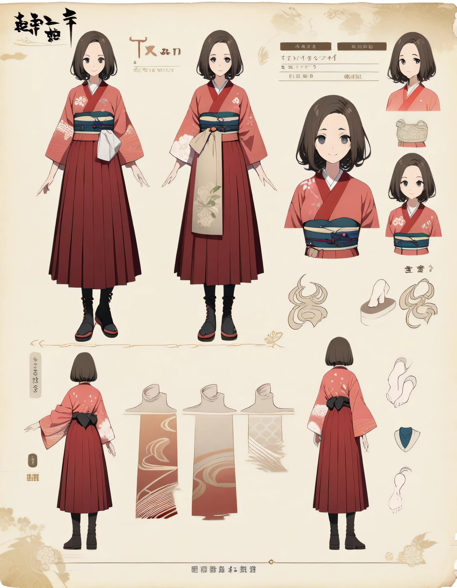 adult female, beautiful and refreshing appearance, wearing a Taisho-era kimono with red an arrow pattern, brown bob center parted hair that reveals her forehead, and black eyes, full body, character design sheet, japanese clothes, boots, hakama long skirt, smile, Character concept art (same character, front, side, back), perfect hands, perfect feet, Clear 8K images, Gentle eyes