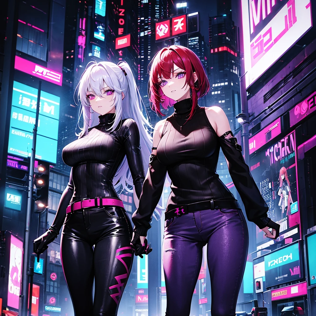 (Two Women) Cyberpunk, Neon lights, Red hair、Woman with purple eyes, Sexy, Tight black sweater, Skinny jeans. White-haired woman with purple eyes, Sleeveless sweater.
