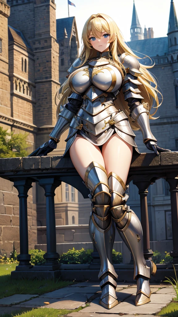 Blonde woman with huge breasts,Knight armor,Thin legs,iron boots,castle