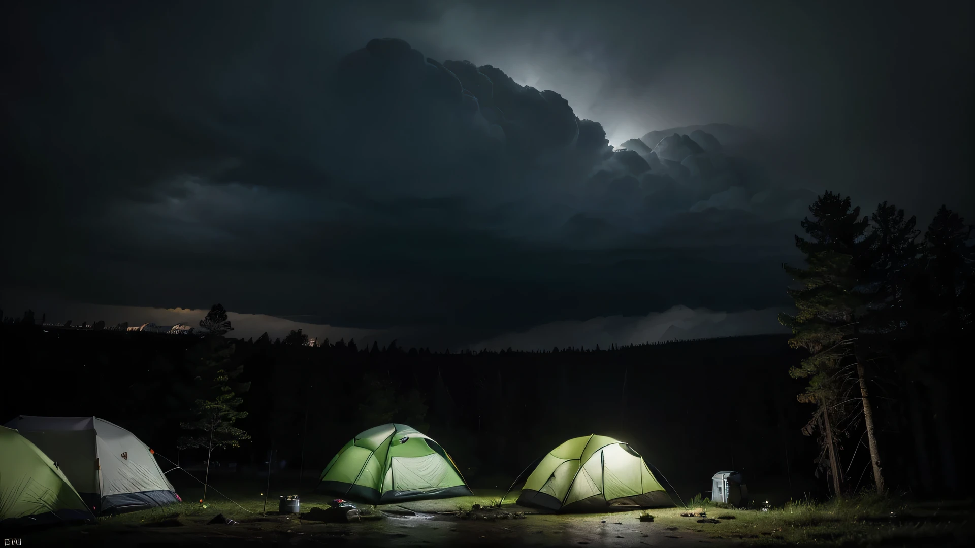 (masterpiece, 8K, UHD, photo-realistic:1.3), camping ground during heavy rain at night with cloudy sky, colorful tent, there are several camping tents with cloudy sky, in the middle of a dense pine forest during heavy rain at night with cloudy sky, the atmosphere is dark during heavy rain at night with cloudy sky