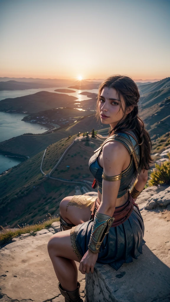 Kassandra, protagonista de Assassin's Creed Odyssey, on the top of a mountain, appreciating all of Greece at sunset