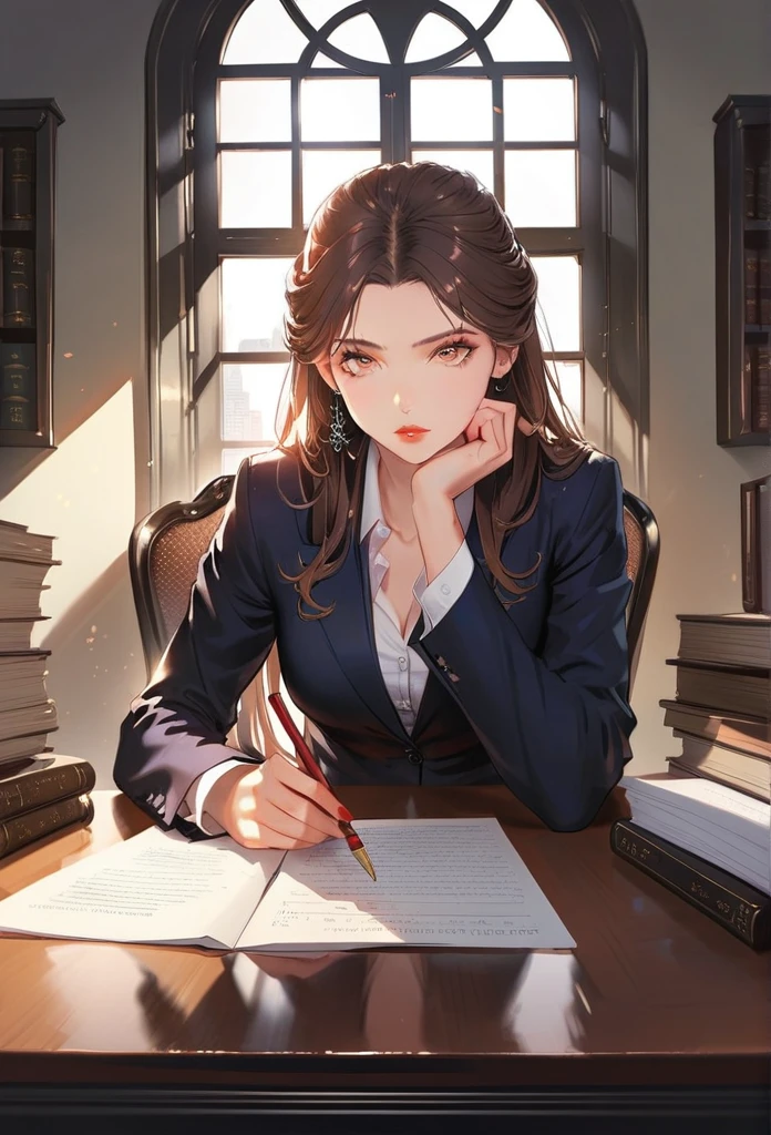 A lawyer girl, beautiful detailed eyes, beautiful detailed lips, extremely detailed eyes and face, long eyelashes, mid-length brown hair, wearing a formal black suit, sitting at a desk, working on a legal document, serious expression, detailed interior office setting, large windows, natural lighting, photorealistic, 8k, high quality, cinematic lighting, intricate details, realistic textures