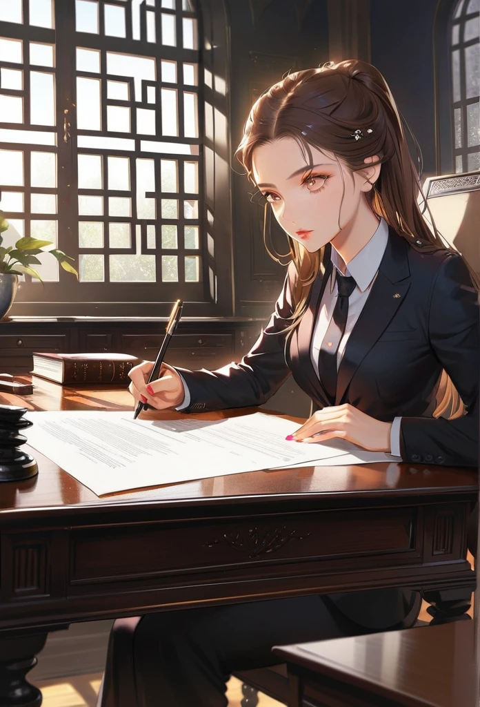 A lawyer girl, beautiful detailed eyes, beautiful detailed lips, extremely detailed eyes and face, long eyelashes, mid-length brown hair, wearing a formal black suit, sitting at a desk, working on a legal document, serious expression, detailed interior office setting, large windows, natural lighting, photorealistic, 8k, high quality, cinematic lighting, intricate details, realistic textures
