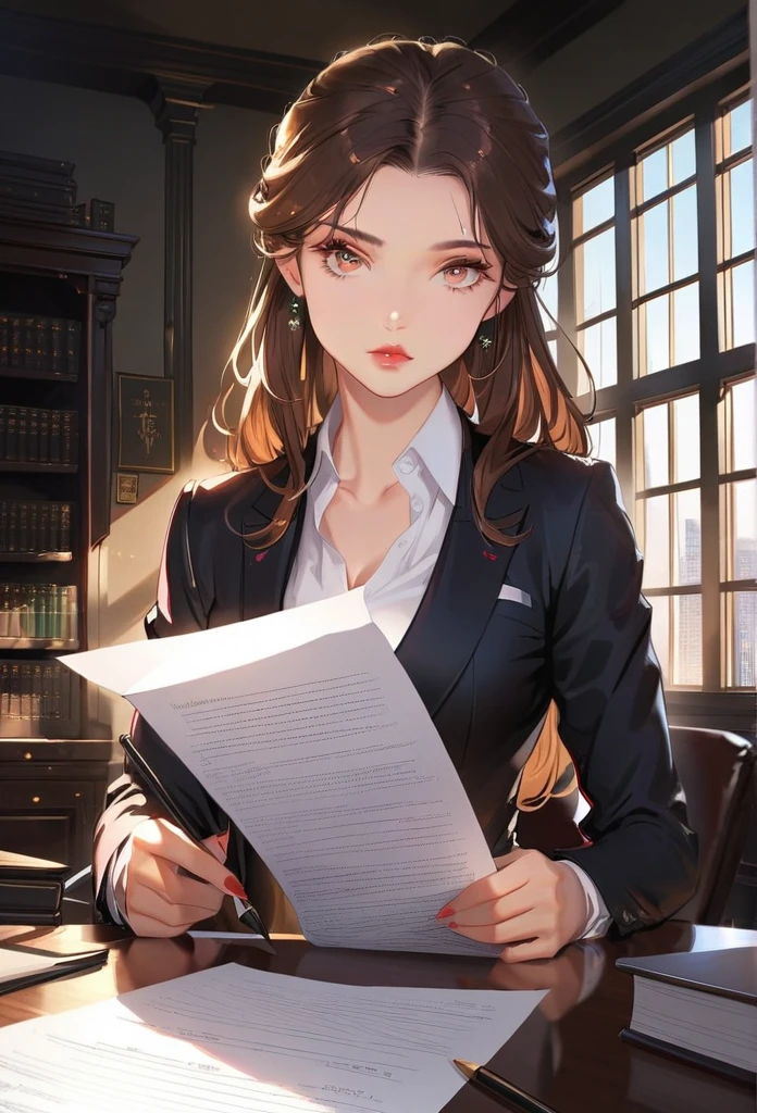 A lawyer girl, beautiful detailed eyes, beautiful detailed lips, extremely detailed eyes and face, long eyelashes, mid-length brown hair, wearing a formal black suit, sitting at a desk, working on a legal document, serious expression, detailed interior office setting, large windows, natural lighting, photorealistic, 8k, high quality, cinematic lighting, intricate details, realistic textures