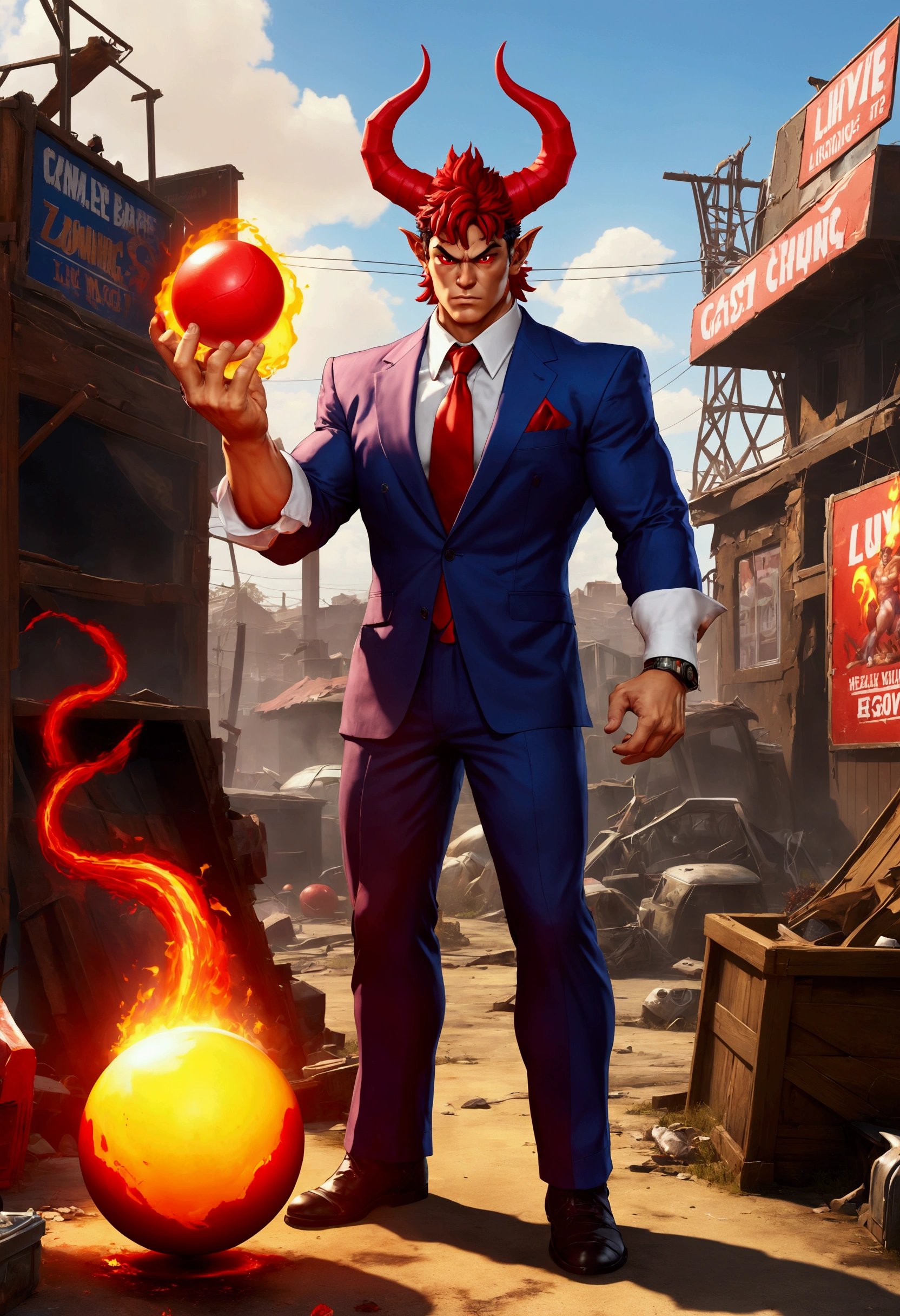 (Street Fighter 2 style arcade game) Devil lawyer (red horns and tail, lawyer suit, lean build) holding a ball of fire in hand battling a zombie lightning mage, set in a junk yard, health bars and titles