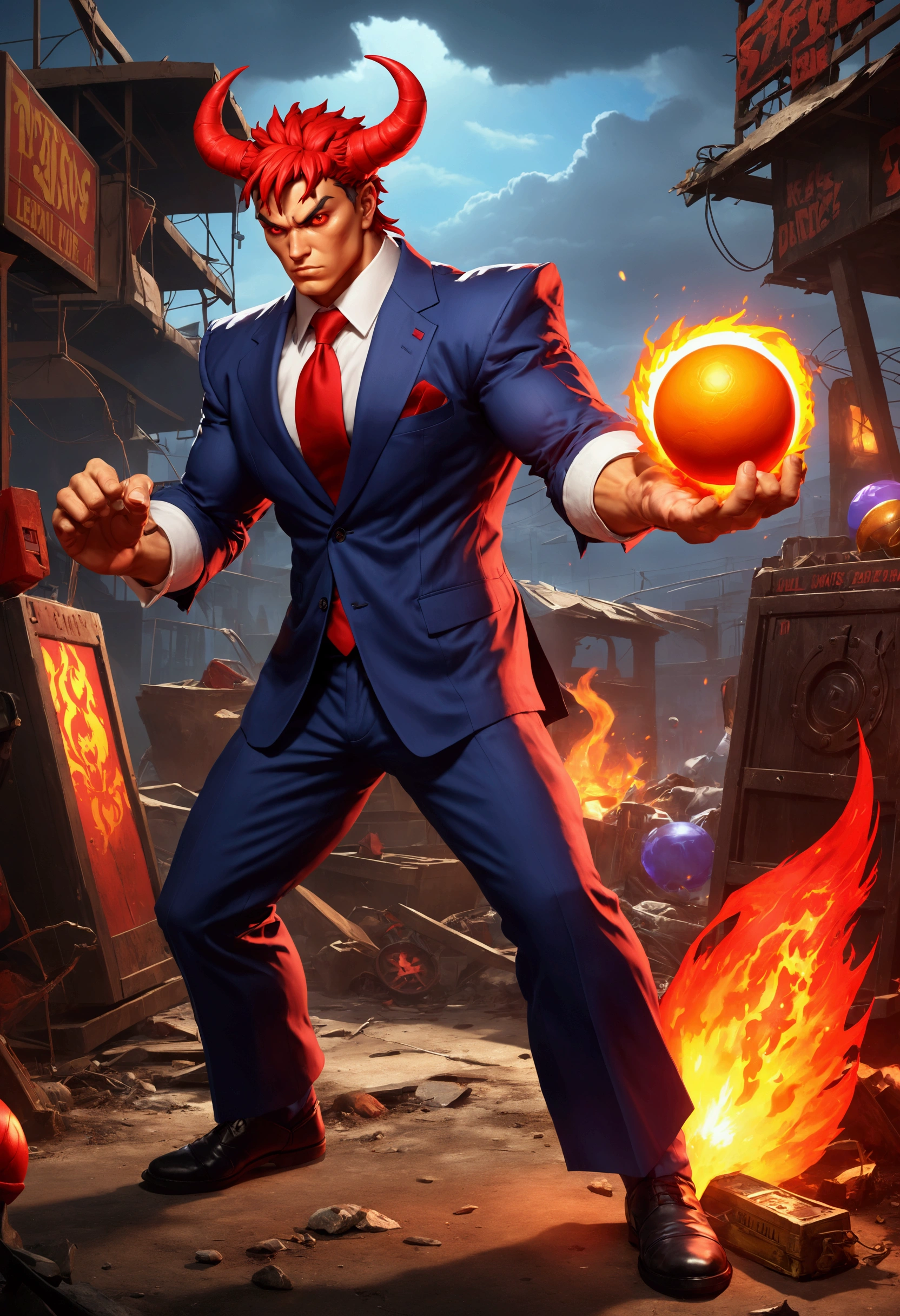 (Street Fighter 2 style arcade game) Devil lawyer (red horns and tail, lawyer suit, lean build) holding a ball of fire in hand battling a zombie lightning mage, set in a junk yard, health bars and titles