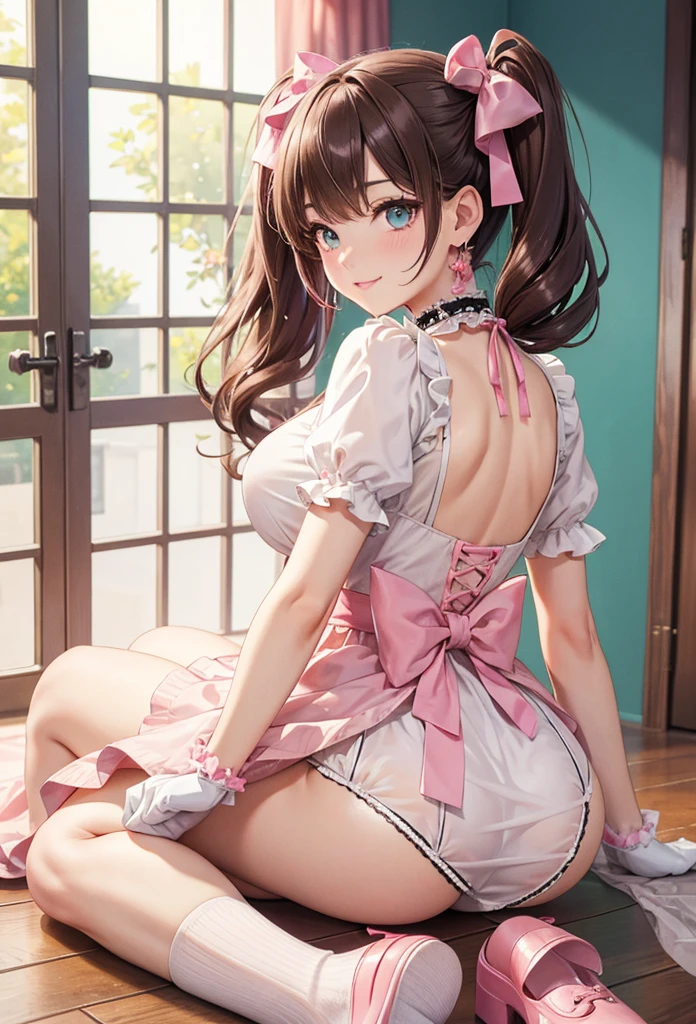 A beautiful lolita girl sitting showing her back, anime girl, in the room, home interior, pastel pink lolita dress, short sleeves, a pair of short socks, choker with a bow, short white gloves, lolita shoes fashion, dark brown hair, long wavy hair, two pigtails, swept bangs, hair ribbon, aqua eyes, bright eyes and pupils, pink lips, glossy lips, blush, earrings, big round breasts, thin waist, perfect arms, defined thighs, thin legs, looking back at viewer, flirty smile, masterpiece, high definition, natural light, high detail, anime, dithering, image fill, perspective, Wide-Angle, f/1.8, 85mm, Sony FE GM, 8k, 8k wallpaper, super detail, highly detailed CG, UHD, retina, masterpiece, accurate, anatomically correct, textured skin, highres, best quality:1.3, 16k