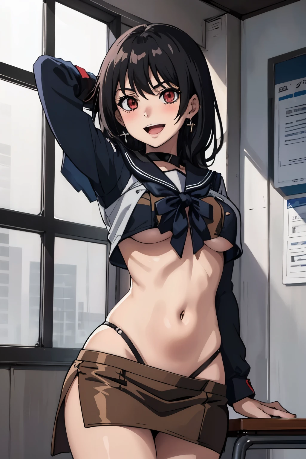  1girl, Vanica, solo, black hair, long hair, red eyes,  standing, swept bangs, bangs, blush, lipstick, jewelry, earrings, Hot girl, baddie, mean girl, sensual, attractive, masterpiece, best quality, highly detailed, a anime girls in sailor uniforms with a gun posing for a picture,
evil smile, smile, open mouth,black_serafuku, ecchi anime style, anime girls , (nsfw) not safe for work,
ecchi style, ecchi, shipgirls, digital anime art!!, high school girls, holding a gun, hold a gun, anime style 4
k, micro skirt, exposed belly, exposed navel, exposed midriff, holding pistol,underboob,
exposed lower belly,school, classroom