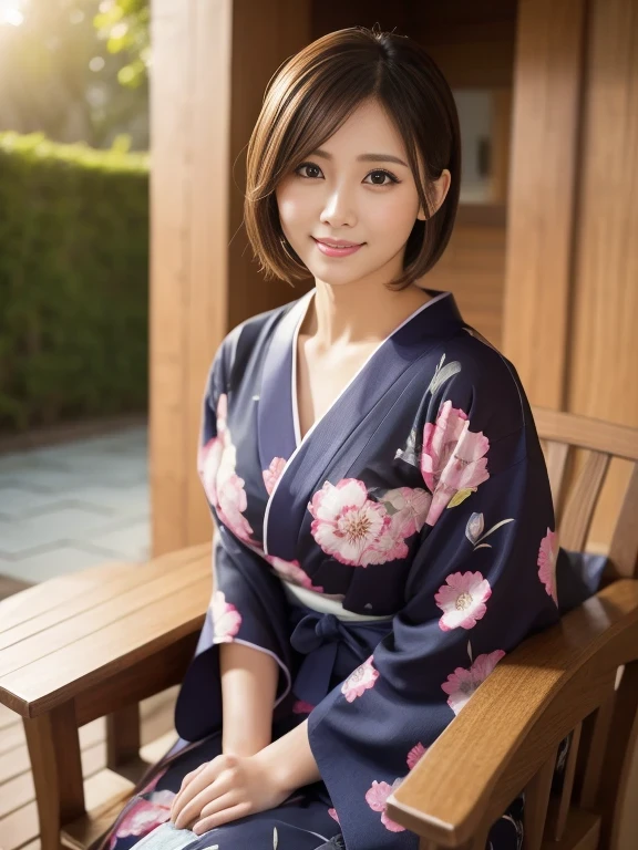 ((Five fingers、Beautiful fingers)),((Yukata with pink floral pattern、Dark blue band、Dressed neatly))、(Straddling a chair),((sexyな笑顔))、((Highest quality)), Realistic, Very detailed, In detail, ((High resolution)), 8k,Japanese women,Beautiful woman,gravure,sexy,Beautiful Skin,Beautiful Eyes,Detailed face,(Glamour),((short hair)),Brunette colored hair,20th Generation,Glamour system,Bust Size 85cm,Neat constriction,(Beautiful Eyes),(Adult),(A large old-fashioned house、Eaves)、((evening,Light of the sun))