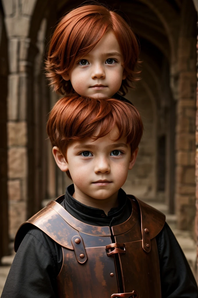 A boy with copper red hair, black eyes and medieval clothing