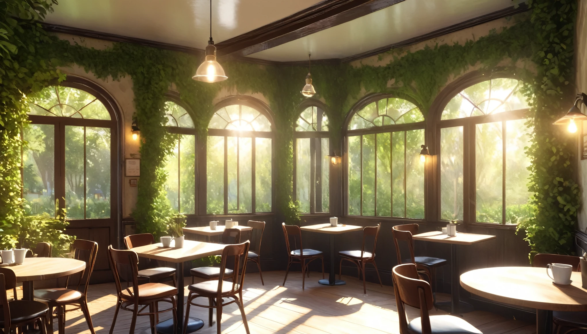 A cafe in an old house,Coffee cup,Sunlight filtering through the trees,Daytime,Highest quality, 8k, High resolution, masterpiece:1.2, Very detailed, Realistic:1.37, High resolution, 超High resolution, Very detailed, Professional, Vibrant colors