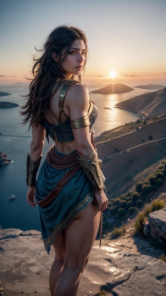 Kassandra, protagonista de Assassin's Creed Odyssey, on the top of a mountain, appreciating all of Greece from behind at sunset
