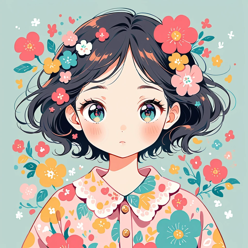Simple line initials,Plain background, Colorful floral pattern ,(((The most beautiful girl of all time))), cute Character、Beautiful illustrations, Highest quality, cute、pastel colour, Long black hair,