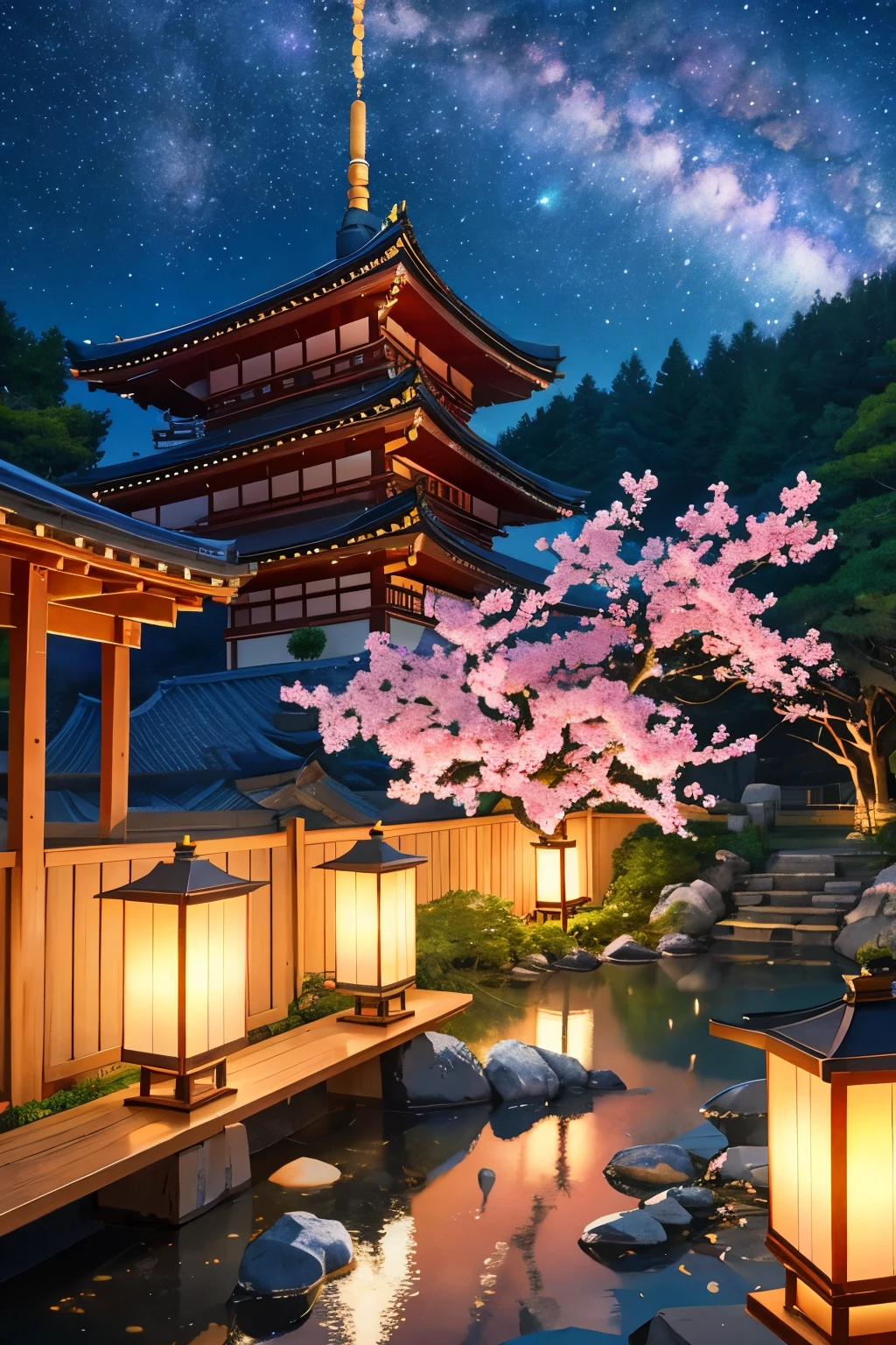 "Enchanting night scene of Tanabata festival, blending traditional Japanese elements with magical starry sky. 8K resolution. Central focus: The Milky Way stretching across the night sky, forming a shimmering bridge Orihime and Hikoboshi, represented as ethereal figures made of stardust, reaching out to each other across the celestial river A traditional Japanese temple or pagoda silhouetted against the starry backdrop Detailed elements: Colorful tanzaku (wish papers) fluttering from bamboo branches, some transforming into glowing fireflies Origami cranes taking flight, leaving trails of stardust as they soar towards the Milky Way Delicate star-shaped lanterns floating in the air, casting a soft, warm glow Cherry blossom petals drifting on a gentle breeze, occasionally sparkling like tiny stars Environment: A tranquil pond reflecting the starry sky, creating a mirror image of the celestial scene Traditional Japanese garden elements like stone lanterns and a red bridge, partially illuminated by moonlight Distant mountains shrouded in misty clouds, their peaks touching the star-filled sky Lighting and effects: Soft, ethereal starlight bathing the scene in a cool, silvery glow Warm, golden light from lanterns creating a contrast with the cooler starlight Subtle lens flares from the brightest stars and the moon Gentle light refraction in the atmosphere, creating a dreamy haze Style: Blend of realistic night sky rendering with stylized Japanese artistic elements Rich, deep colors for the night sky contrasted with softer, pastel tones for earthly elements Attention to fine details in both celestial and terrestrial features Composition: Balanced layout with the Milky Way as a central dividing line Multiple layers of depth from foreground elements to the vast starry background This prompt aims to capture the magical essence of Tanabata, combining the beauty of the night sky with traditional Japanese cultural elements. The resulting image should evoke a sense of wonder, roman