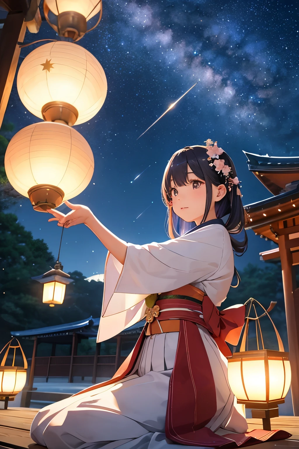 "Enchanting night scene of Tanabata festival, blending traditional Japanese elements with magical starry sky. 8K resolution. Central focus: The Milky Way stretching across the night sky, forming a shimmering bridge Orihime and Hikoboshi, represented as ethereal figures made of stardust, reaching out to each other across the celestial river A traditional Japanese temple or pagoda silhouetted against the starry backdrop Detailed elements: Colorful tanzaku (wish papers) fluttering from bamboo branches, some transforming into glowing fireflies Origami cranes taking flight, leaving trails of stardust as they soar towards the Milky Way Delicate star-shaped lanterns floating in the air, casting a soft, warm glow Cherry blossom petals drifting on a gentle breeze, occasionally sparkling like tiny stars Environment: A tranquil pond reflecting the starry sky, creating a mirror image of the celestial scene Traditional Japanese garden elements like stone lanterns and a red bridge, partially illuminated by moonlight Distant mountains shrouded in misty clouds, their peaks touching the star-filled sky Lighting and effects: Soft, ethereal starlight bathing the scene in a cool, silvery glow Warm, golden light from lanterns creating a contrast with the cooler starlight Subtle lens flares from the brightest stars and the moon Gentle light refraction in the atmosphere, creating a dreamy haze Style: Blend of realistic night sky rendering with stylized Japanese artistic elements Rich, deep colors for the night sky contrasted with softer, pastel tones for earthly elements Attention to fine details in both celestial and terrestrial features Composition: Balanced layout with the Milky Way as a central dividing line Multiple layers of depth from foreground elements to the vast starry background This prompt aims to capture the magical essence of Tanabata, combining the beauty of the night sky with traditional Japanese cultural elements. The resulting image should evoke a sense of wonder, roman