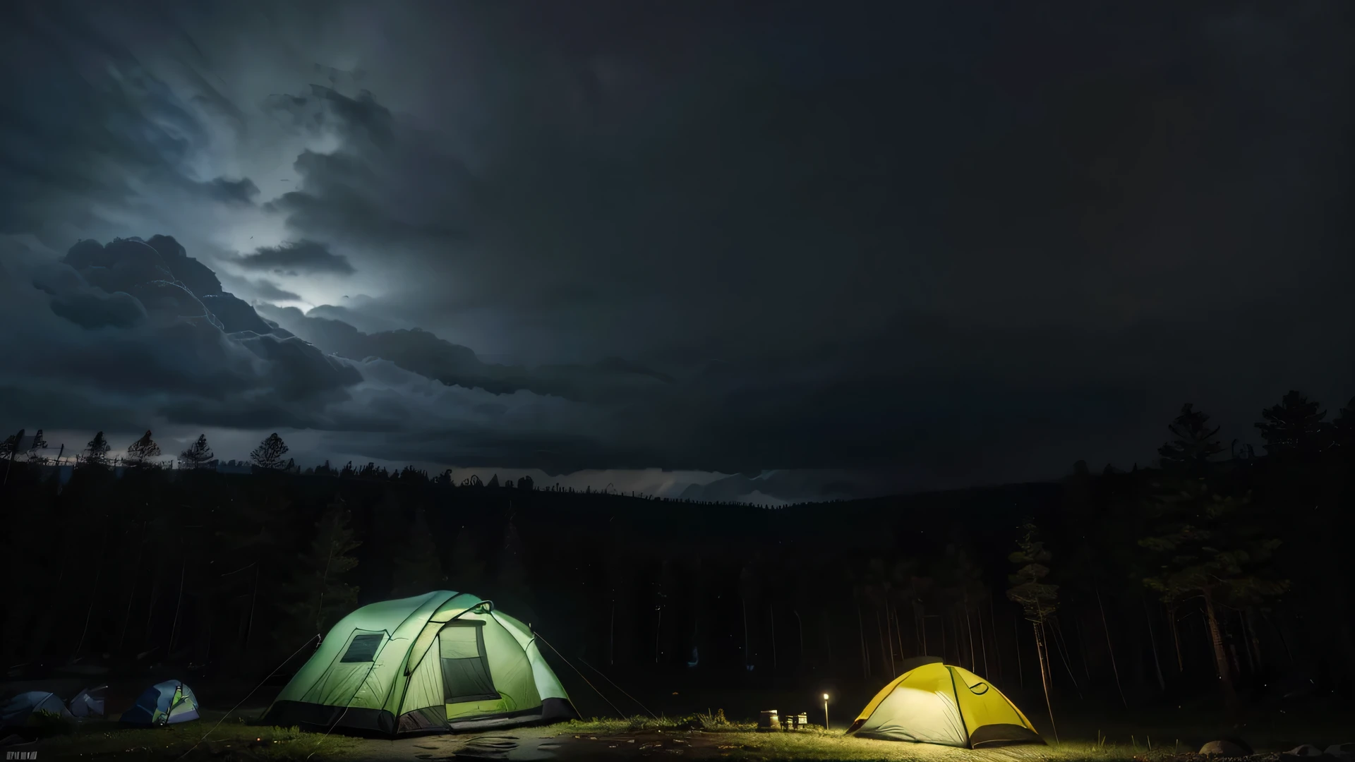 (masterpiece, 8K, UHD, photo-realistic:1.3), colorful tent on camping ground during heavy rain at night with cloudy sky, there are several camping tents with cloudy sky, in the middle of a dense pine forest during heavy rain at night with cloudy sky, the atmosphere is dark during heavy rain at night with cloudy sky