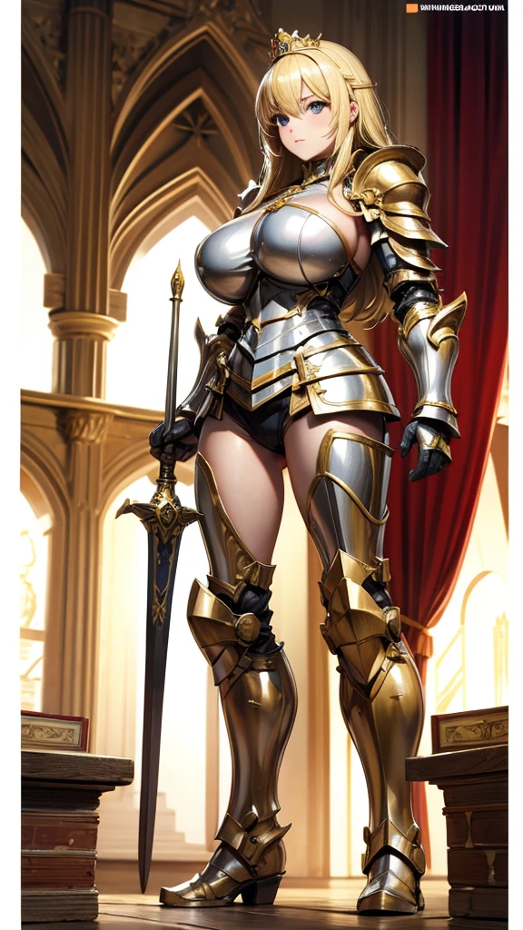 Blonde woman with huge breasts,Queen,Knight armor,Bare Legs,iron boots,Standing,castle