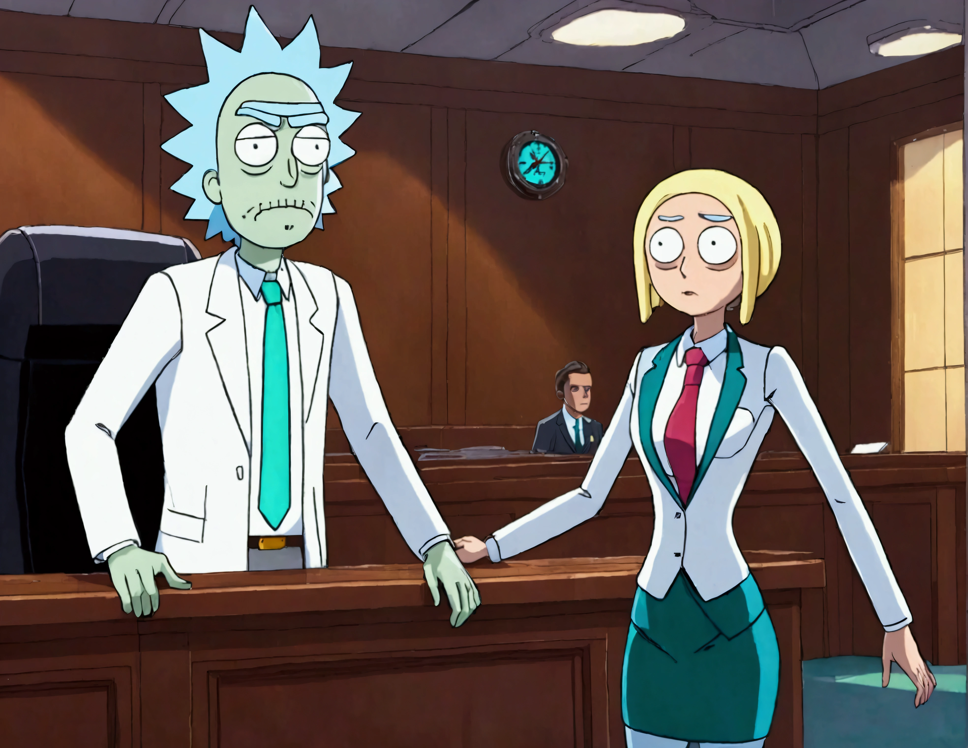 Clock work lawyer (very human, female, obvious mechanical seams at joints, doll like formal suit with mini skirt, glassy eyes) is in a court room, she is question Rick of rick and Morty (science outfit, witness stand), court room