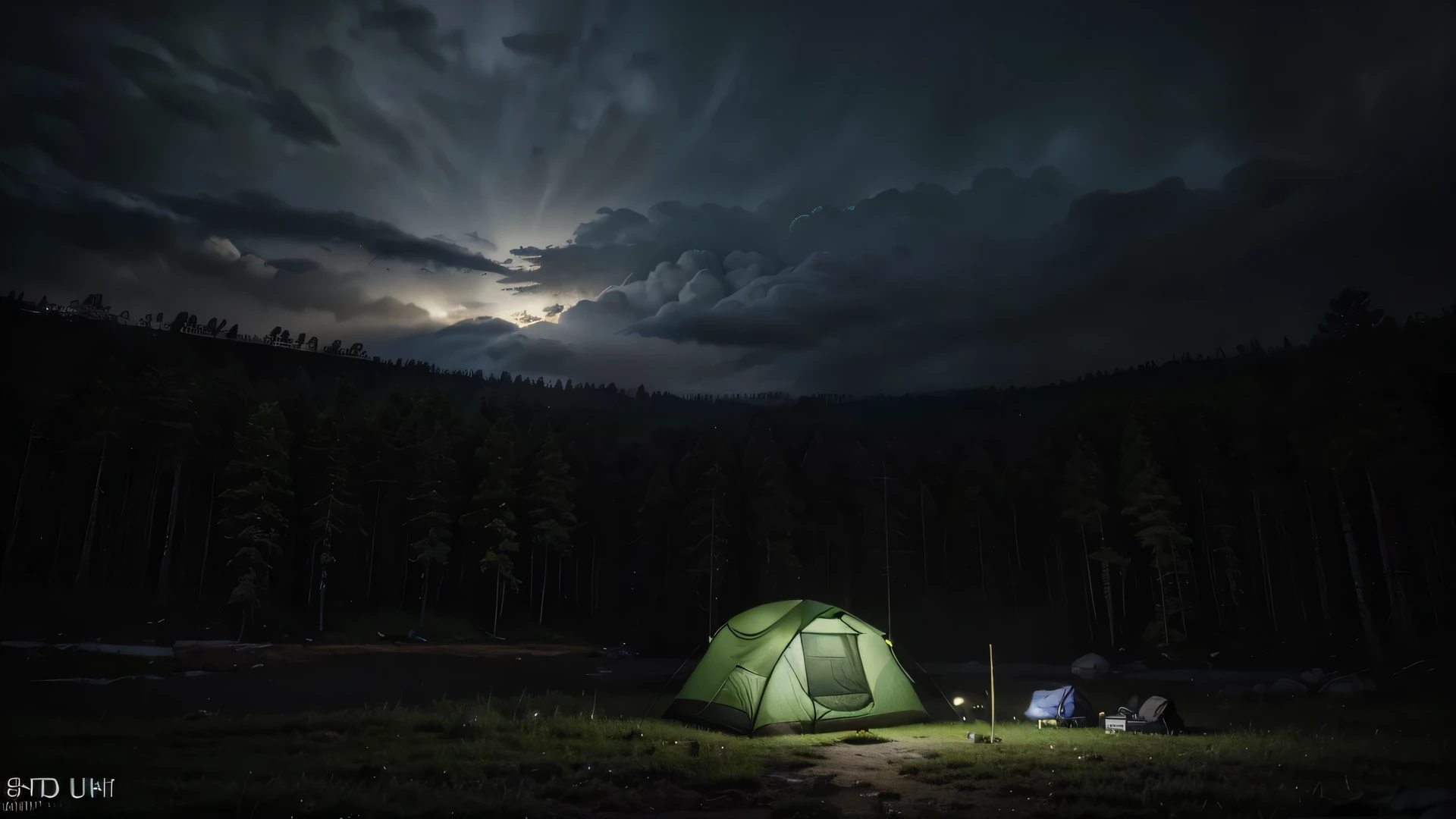 (masterpiece, 8K, UHD, photo-realistic:1.3), colorful tent on camping ground during heavy rain at night with cloudy sky, there are several camping tents with cloudy sky, in the middle of a dense pine forest during heavy rain at night with cloudy sky, the atmosphere is dark during heavy rain at night with cloudy sky