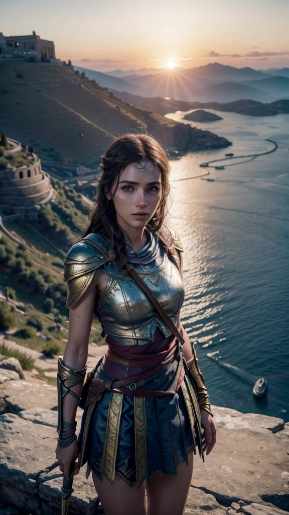 Kassandra, protagonista de Assassin's Creed Odyssey, on the top of a mountain, Appreciating all of Greece watching the sunset with a spear in one hand and a Spartan helmet in the other