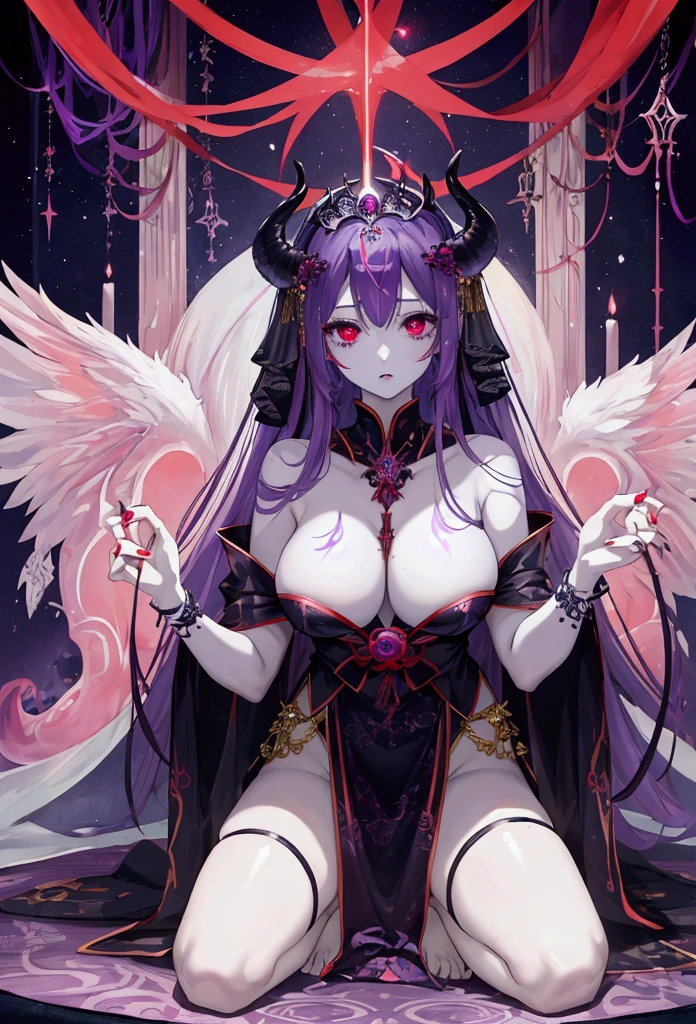 Highest quality, masterpiece, Ultra-high resolution, female、Big Breasts、female王、tiara、kneel、Pale skin、Purple Hair、Fluorescent red eyes、Red nails、despair、To be turned into a demon、Blue markings appear on the skin of the entire body.