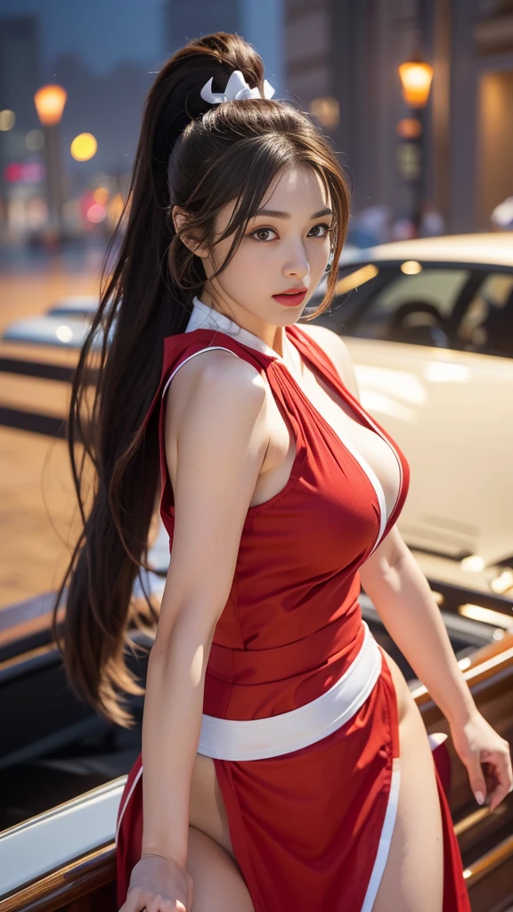 shiranui mai, brown eyes, long hair, brown hair, (red clothes:1.3),white ribbon, sleeveless, pony tail, waist belt, pelvic curtain, arm guard, mitt, o,plump breasts, fascinating expression, sexy eyes, huge breasts, laugh, cute, View viewer, long hair, (chest concentration:1.2), (realistic:1.2), (full shot: 1.2), (realism), (masterpiece:1.2), (best quality), (very detailed), (8k, 4K, convoluted), (85mm), light particles, light, (very detailed:1.2), (detailed face:1.2), (gradation), sfv, fancy, (detailed eyes:1.2), (boat: 1.2),(detailed background), (dynamic angle:1.2), (dynamic pose:1.2), (line of action:1.2), wide shot, .huge breasts,biggest,crowd,many people,cried,black fishnet stocking