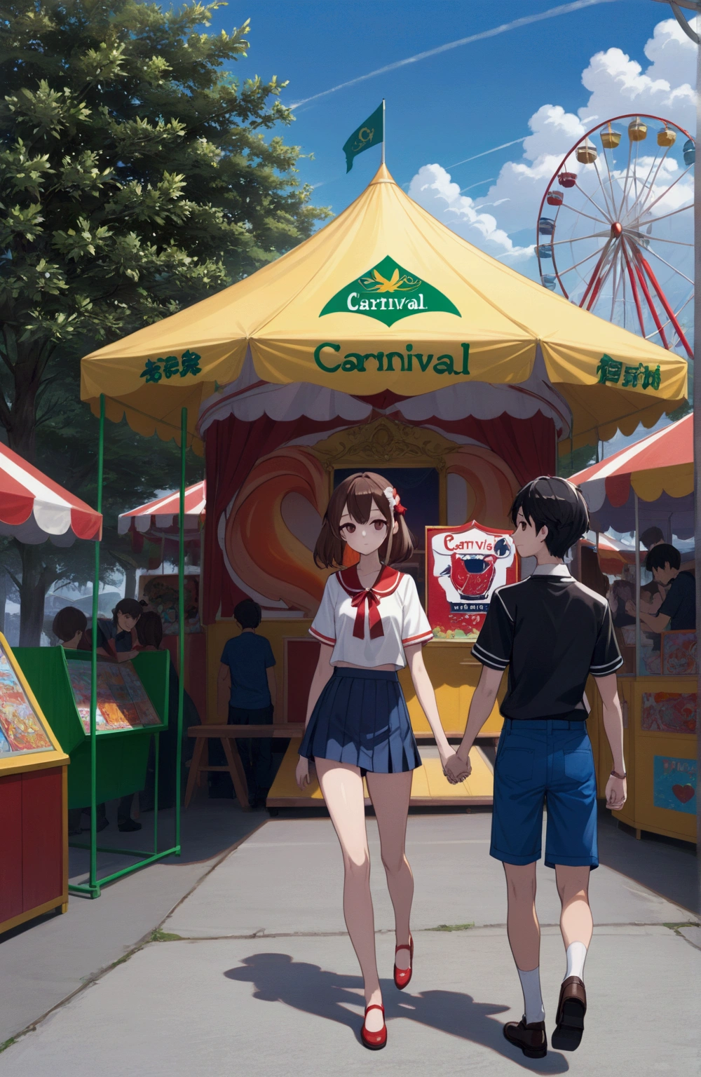 anime illustration of age couple walking together at carnival fair, (both : front view, looking at viewer), (1girl, 1boy, full body), (masterpiece, best quality), (girl : pencil skirt) , (boy : short pant)