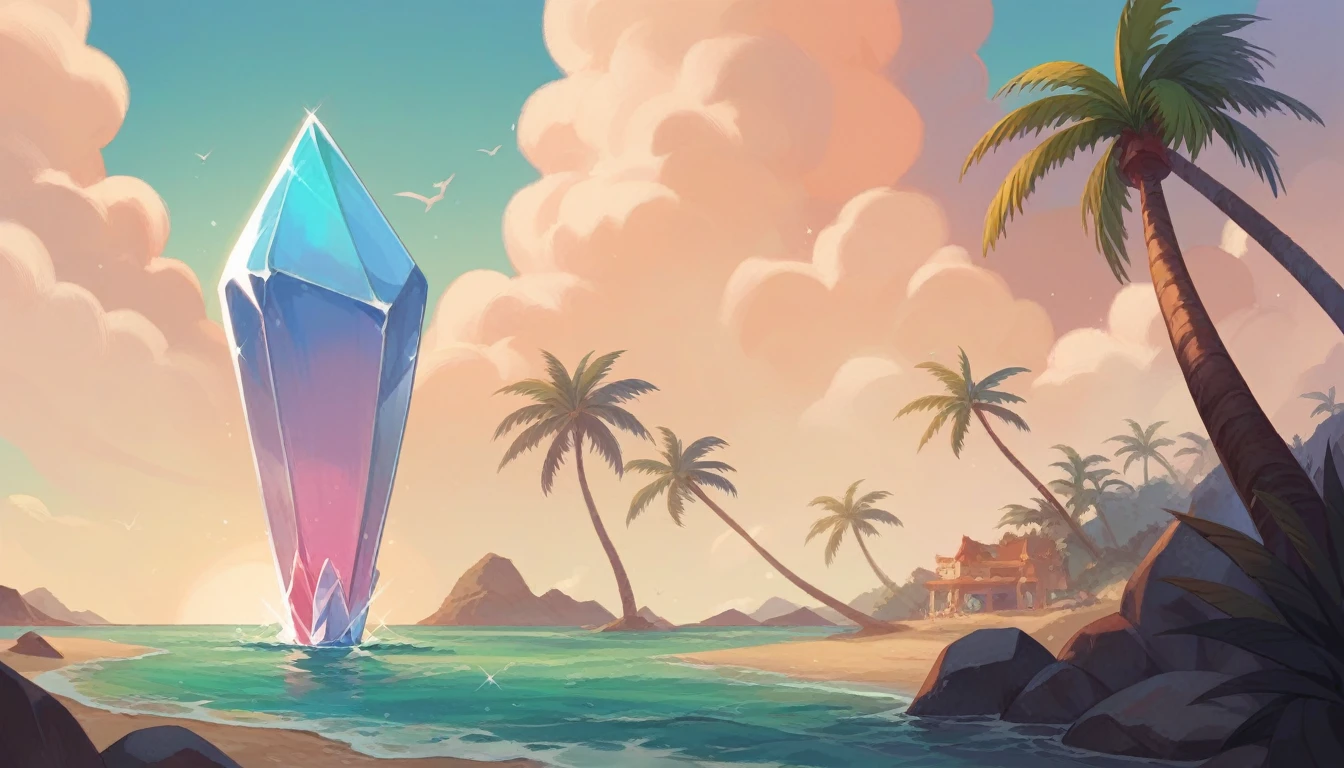 UHD, masterpiece, ccurate, anatomically correct, high details, super detail, high quality, award winning, studio ghibli animation. Background: A beautiful beach with palm trees, crystal-clear water, and vibrant skies.