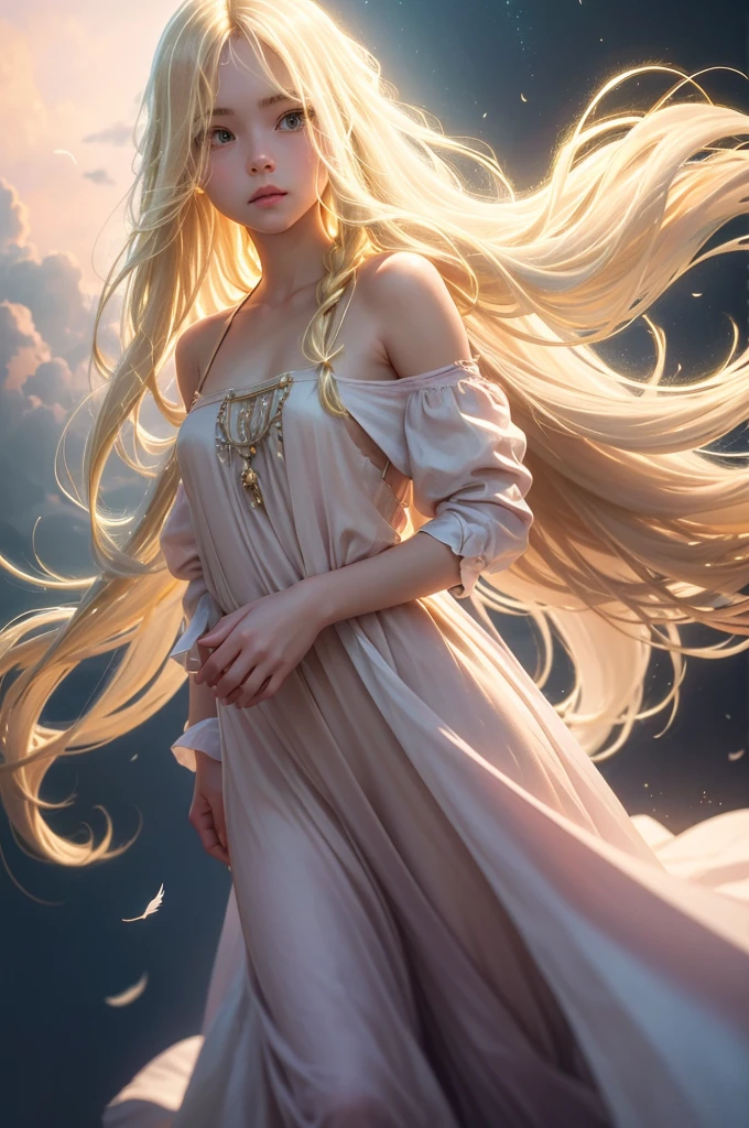 Dreamy pastel painting, whole body,((One girl)),Realistic,lips,Tabletop,Highest quality,Realistic feel,(((Smooth, straight, extra long hair, beautiful, Flowing blonde hair:1.2))),beautiful目,(((Gazing into the distance))),Skin Texture,break,Delicate silk,The hem of the dress is long,Prism Rotation,(Princess Decoration,Baby Pink:1.2),detailed,moving composition,Against a deep background,Feathers in the sky,Dutch Angle, Afterimage, Minimalism,A world beyond imagination,Movie-like scene, Cinema Lighting,超beautifulポートレート, Abstract background