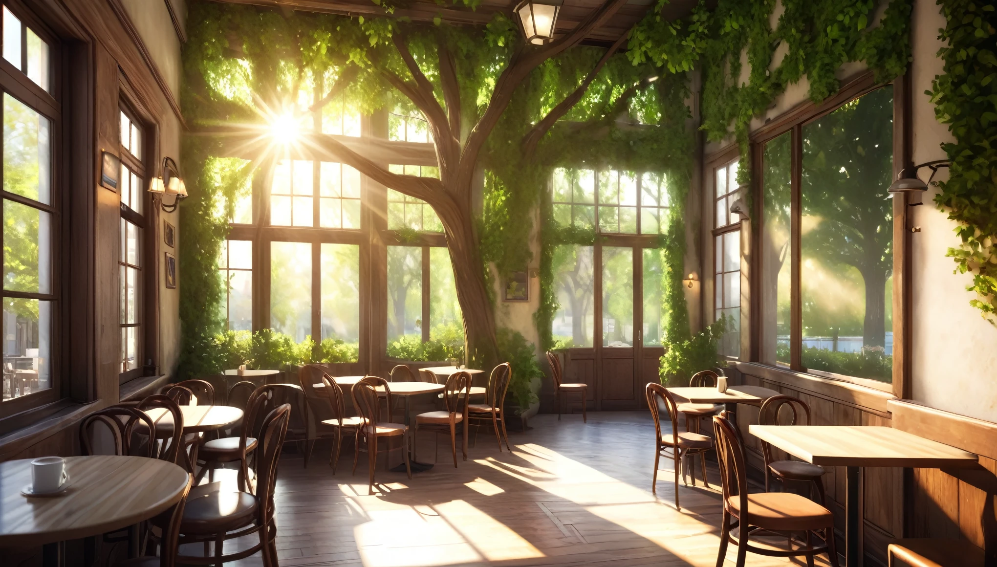 A cafe in an old house,Coffee cup,Sunlight filtering through the trees,Daytime,Highest quality, 8k, High resolution, masterpiece:1.2, Very detailed, Realistic:1.37, High resolution, 超High resolution, Very detailed, Professional, Vibrant colors
