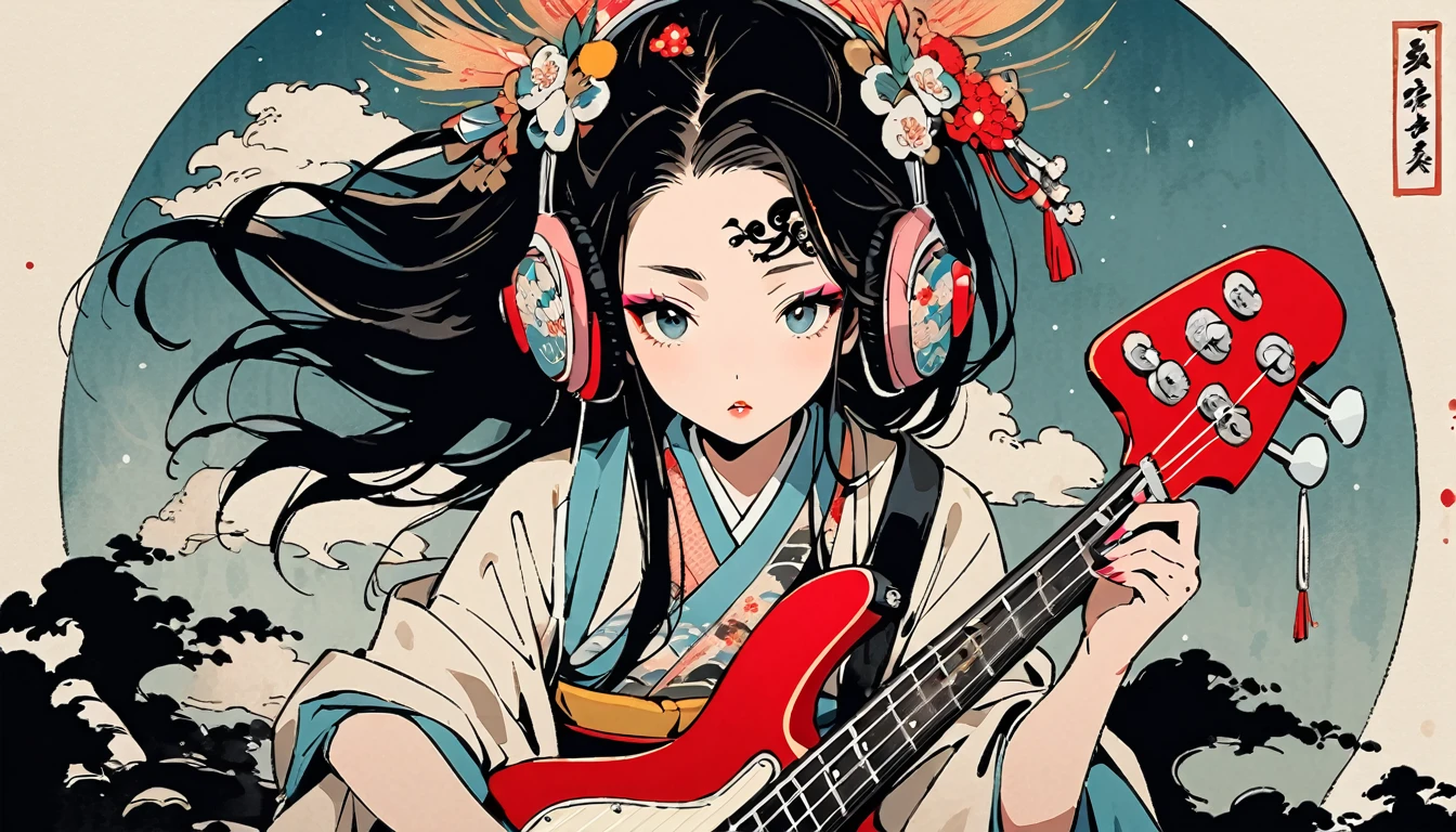 (((Ink Painting))), Fashion portrait color photos, (((1 girl))), (((Playing electric bass))), (((Tattoo in the center of the forehead))), (((Very flashy hair accessories))), (((Very flashy makeup))), Japanese style headphones, front view, Japan人の美少女, Black Hair, Delicate and precise, Modern ukiyo-e style,Japan, Droopy eyes, round face, Fuller lips