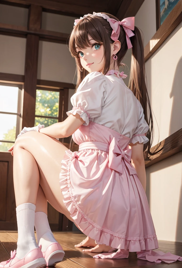 A beautiful lolita girl sitting showing her back, anime girl, in the room, home interior, pastel pink lolita dress, short sleeves, a pair of short socks, choker with a bow, short white gloves, lolita shoes fashion, dark brown hair, long wavy hair, two pigtails, swept bangs, hair ribbon, aqua eyes, bright eyes and pupils, pink lips, glossy lips, blush, earrings, big round breasts, thin waist, perfect arms, defined thighs, thin legs, looking back at viewer, flirty smile, masterpiece, high definition, natural light, high detail, anime, dithering, image fill, perspective, Wide-Angle, f/1.8, 85mm, Sony FE GM, 8k, 8k wallpaper, super detail, highly detailed CG, UHD, retina, masterpiece, accurate, anatomically correct, textured skin, highres, best quality:1.3, 16k