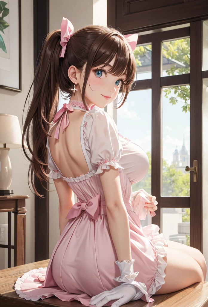 A beautiful lolita girl sitting showing her back, anime girl, in the room, home interior, pastel pink lolita dress, short sleeves, a pair of short socks, choker with a bow, short white gloves, lolita shoes fashion, dark brown hair, long wavy hair, two pigtails, swept bangs, hair ribbon, aqua eyes, bright eyes and pupils, pink lips, glossy lips, blush, earrings, big round breasts, thin waist, perfect arms, defined thighs, thin legs, looking back at viewer, flirty smile, masterpiece, high definition, natural light, high detail, anime, dithering, image fill, perspective, Wide-Angle, f/1.8, 85mm, Sony FE GM, 8k, 8k wallpaper, super detail, highly detailed CG, UHD, retina, masterpiece, accurate, anatomically correct, textured skin, highres, best quality:1.3, 16k