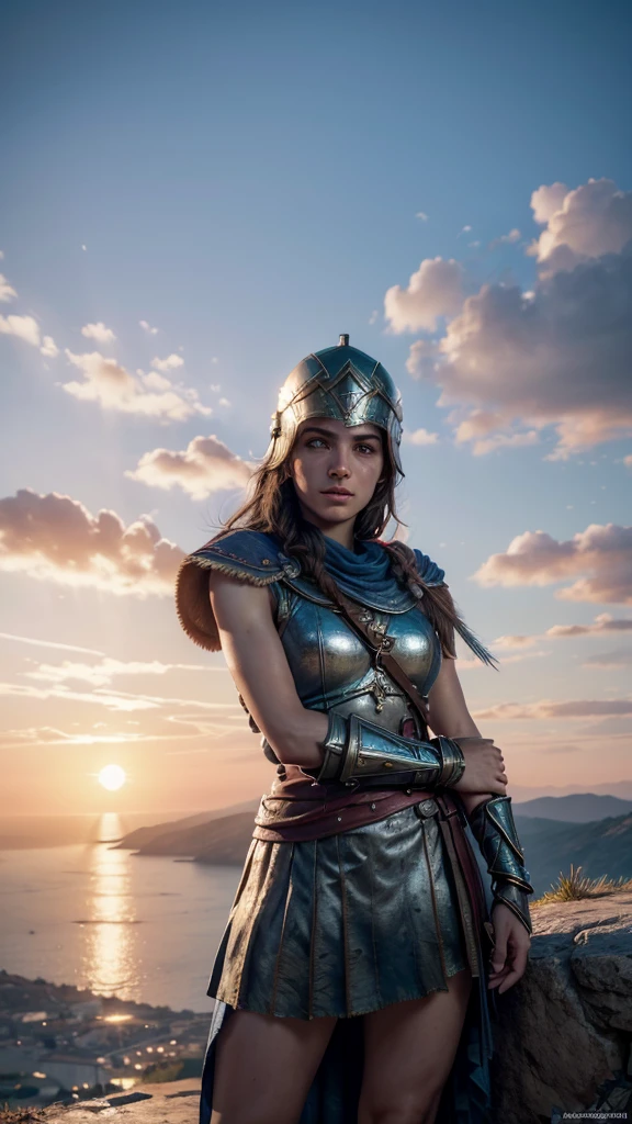 Kassandra, protagonista de Assassin's Creed Odyssey, on the top of a mountain, appreciating all greece, Watching the sunset, standing, with a spear in his right hand, a spartan helmet in the left hand.