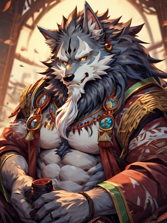 《Vientiane Story》Luo，Bare chest，robust，Show your shoulders，Older man，dyspepsia，Elderly，wrinkle，White fur，White beard，Very long beard，Disheveled，Stroking the mane，Werewolf anime character, Onmyoji detailed art, Onmyoji portrait, Onmyoji, Big Wolf, Detailed digital anime art, G Liulian art style, Detailed anime character art