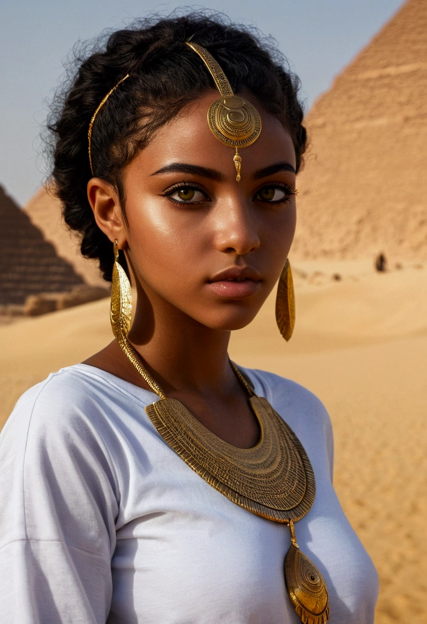 best quality masterpiece, the best definition to add aesthetic and lighting details Jackal black girl, egyptian clothing, girl, ,black body, egypt landscape, golden tattoo body, sensual eyes, yellow pupil