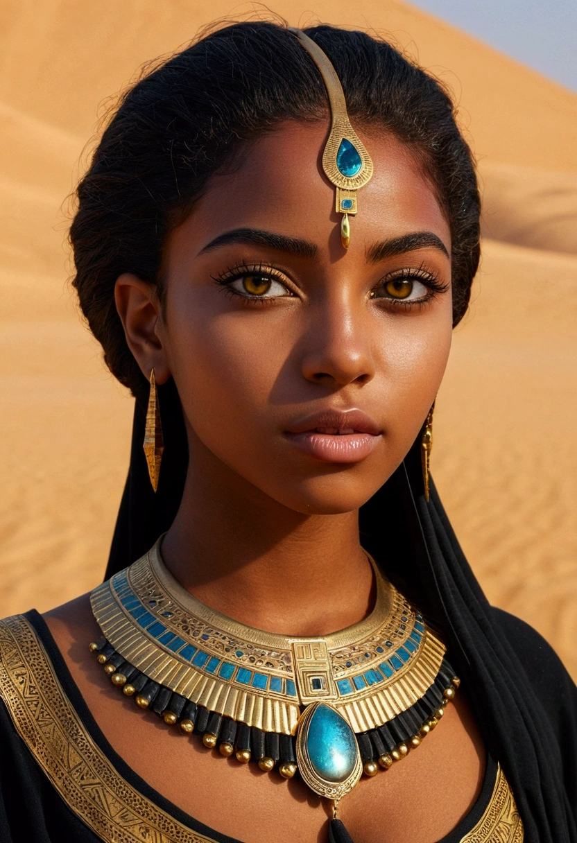 best quality masterpiece, the best definition to add aesthetic and lighting details Jackal black girl, egyptian clothing, teen girl, ,black body, egypt landscape, golden tattoo body, sensual eyes, yellow pupil 