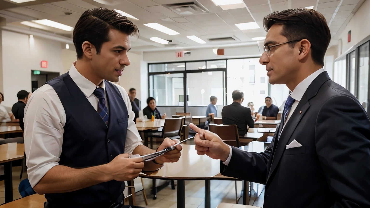 Two men in office clothes discussing in the cafeteria