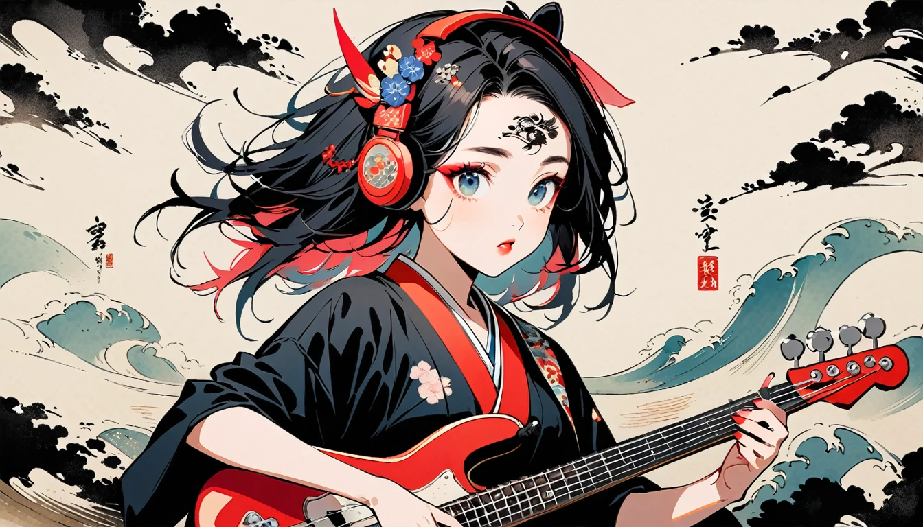 (((Ink Painting))), Fashion portrait color photos, (((1 girl))), (((Playing electric bass))), (((Tattoo in the center of the forehead))), (((Very flashy hair accessories))), (((Very flashy makeup))), Japanese style headphones, front view, Japan人の美女, Black Hair, Delicate and precise, Modern ukiyo-e style,Japan, Droopy eyes, round face, Fuller lips